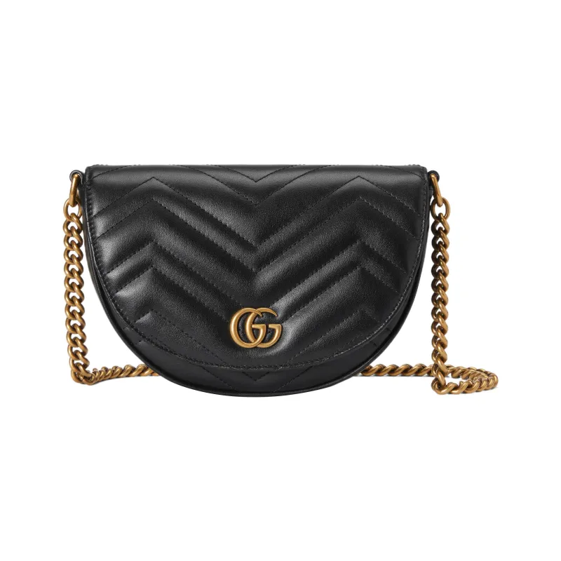 GUCCI Marmont Quilting Leather Saddle Bag Chain Bag Shoulder Bag Crossbody Bag Mini Women's Black-0