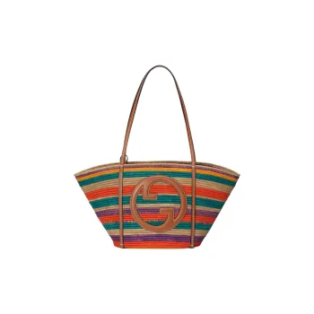 GUCCI Blondie Raffia Leather Trim Tote Bag Shopping Bag Handbag Small Size Women's Multicolor