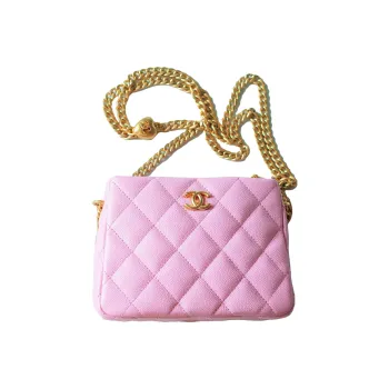 CHANEL 23P SS Grain Embossed Cow Leather Hobo Bag, Small Square Bag, Shoulder Bag, Crossbody Bag Trumpets Unisex Pink