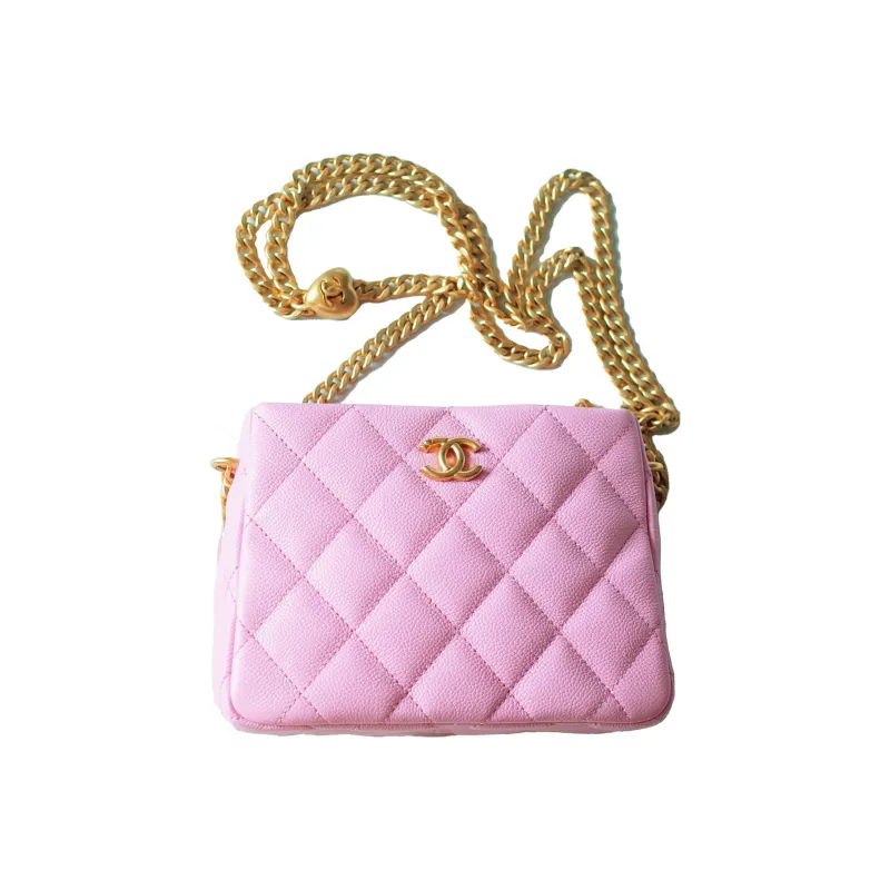 CHANEL 23P SS Grain Embossed Cow Leather Hobo Bag, Small Square Bag, Shoulder Bag, Crossbody Bag Trumpets Unisex Pink-0