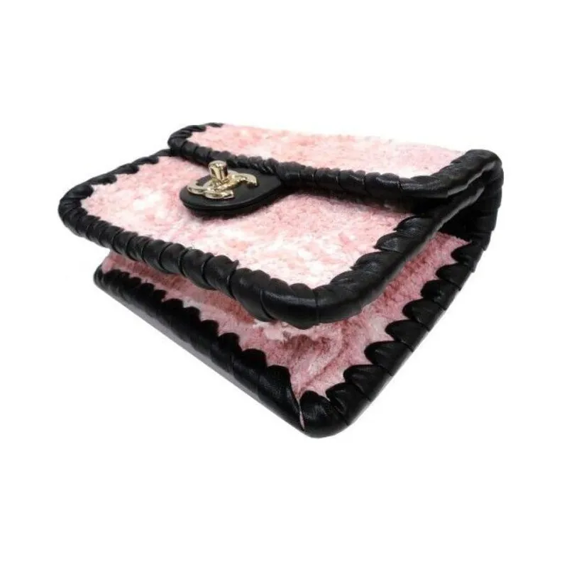 CHANEL Tweed & Calfskin With Gold Metal Flap Bag, Shoulder Bag, Crossbody Bag Mini Women's Pink & Black-2