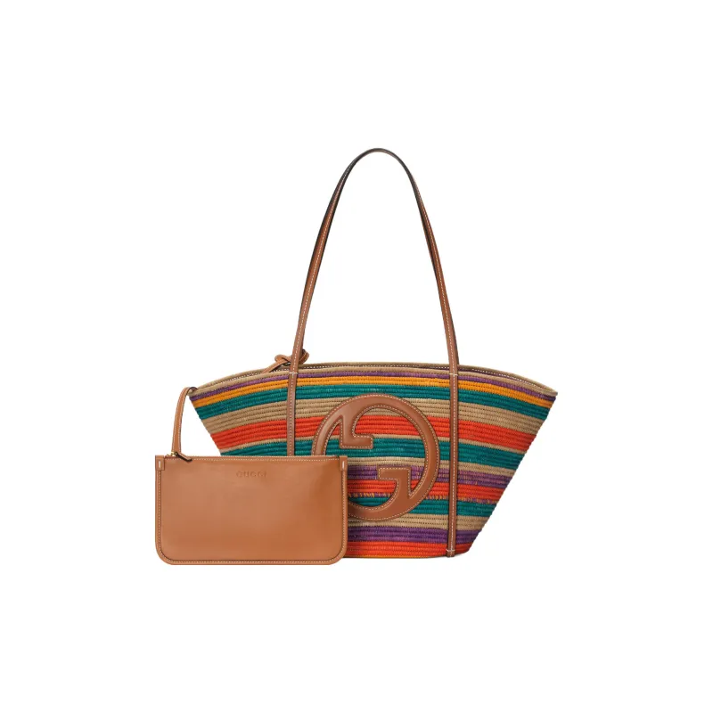 GUCCI Blondie Raffia Leather Trim Tote Bag Shopping Bag Handbag Small Size Women's Multicolor-2