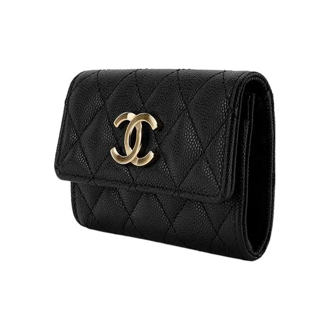 CHANEL 23P SS Cow Leather Coin Purses Card Holders Unisex Black-1