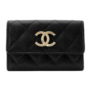 CHANEL 23P SS Cow Leather Coin Purses Card Holders Unisex Black
