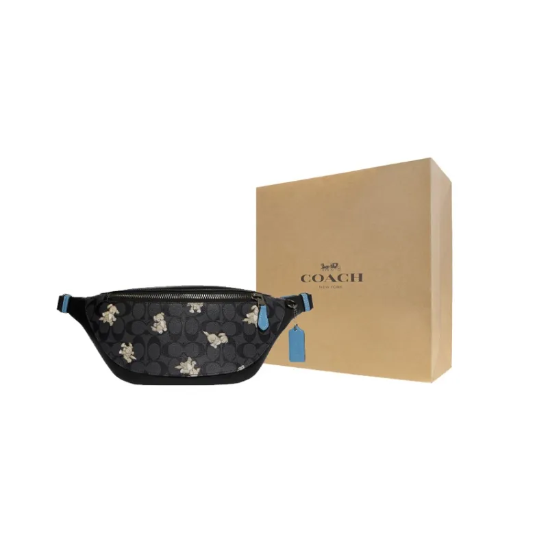 COACH Warren Signature Coated Canvas With Refined Calfskin Shoulder Bag, Fanny Pack Tubas Men's Black-7