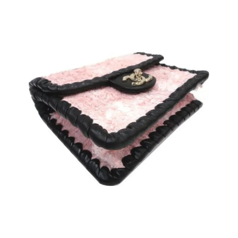CHANEL Tweed & Calfskin With Gold Metal Flap Bag, Shoulder Bag, Crossbody Bag Mini Women's Pink & Black-1