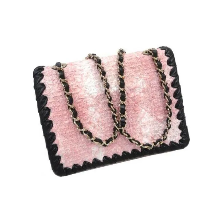 CHANEL Tweed & Calfskin With Gold Metal Flap Bag, Shoulder Bag, Crossbody Bag Mini Women's Pink & Black-3