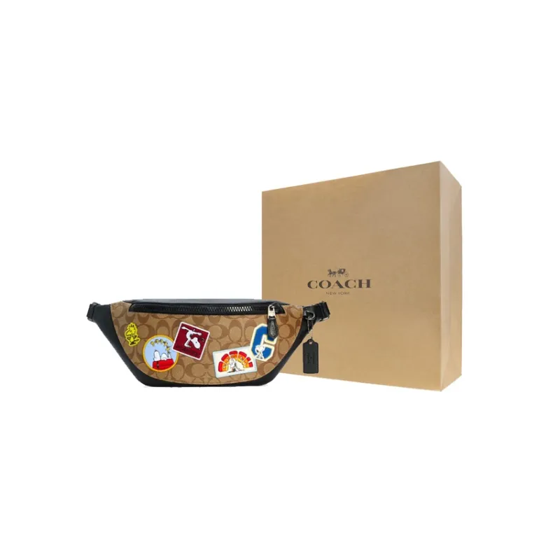 COACH Peanuts Snoopy Collaboration Warren Canvas With Leather Fanny Pack Tubas Men's Khaki Monogram & Black-4