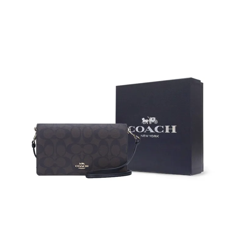 COACH Anna Canvas With Leather Flap Shoulder Bag Small Size Women's Dark Brown Monogram-6