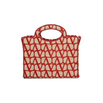 Valentino Vlogo Cotton Tote Handbags Shoulder Bags Women's Beige/Red