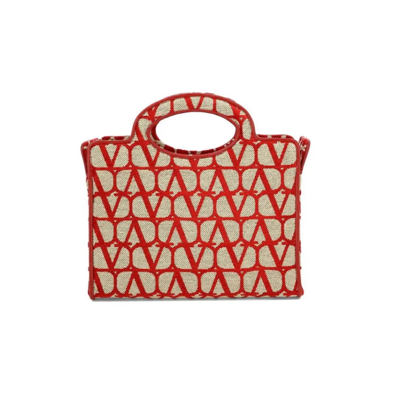 Valentino Vlogo Cotton Tote Handbags Shoulder Bags Women's Beige/Red-0