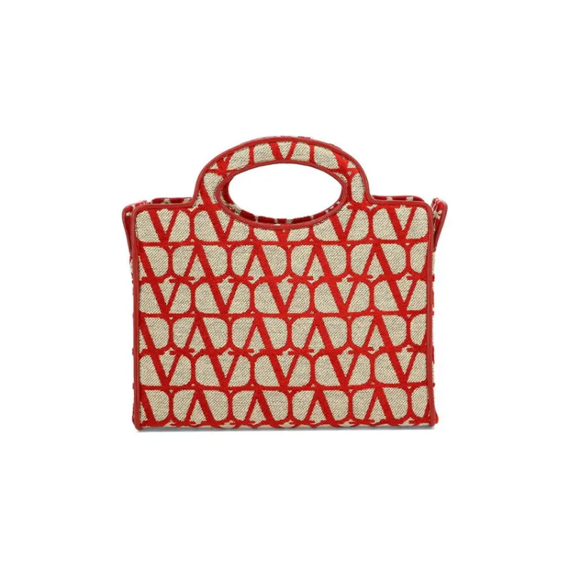 Valentino Vlogo Cotton Tote Handbags Shoulder Bags Women's Beige/Red-2