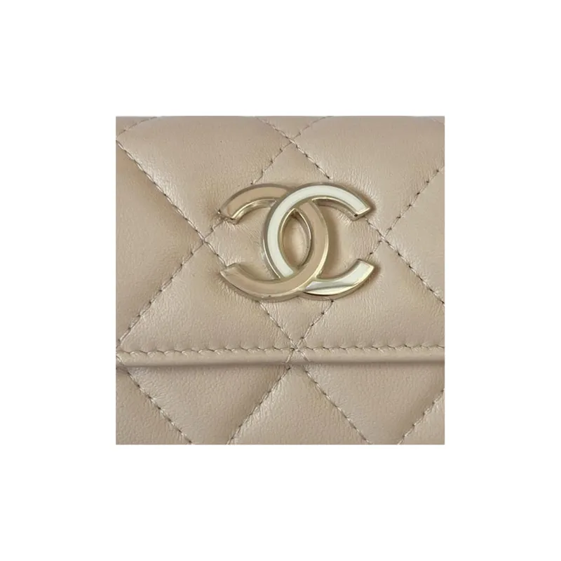 CHANEL Sheepskin Coin Purse Card Holder, Wallet Women's Beige-3