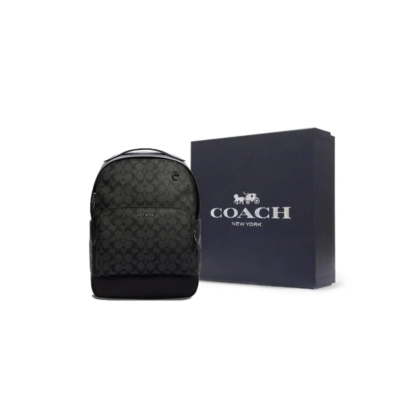 COACH Graham Coated Canvas With Smooth Cow Leather Backpack Large Size Men's Charcoal Black-3