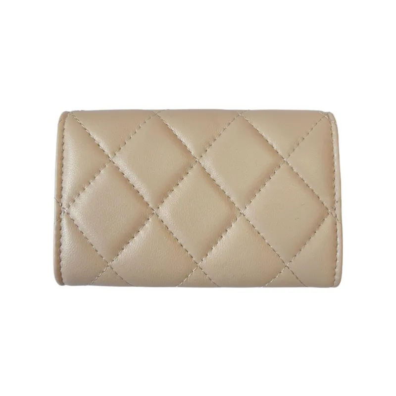 CHANEL Sheepskin Coin Purse Card Holder, Wallet Women's Beige-1