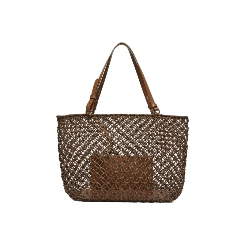 MaxMara Cotton With Leather Tote Bag, Shopping Bag, Shoulder Bag, Handbag Women's Brown-0
