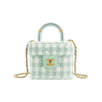 CHANEL Lambskin With Tweed Portable One Shoulder Crossbody Makeup Bag Trumpets Women's Light Blue Green