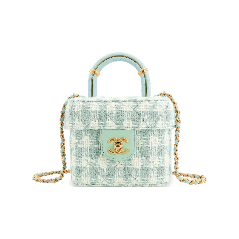 CHANEL Lambskin With Tweed Portable One Shoulder Crossbody Makeup Bag Trumpets Women's Light Blue Green-0