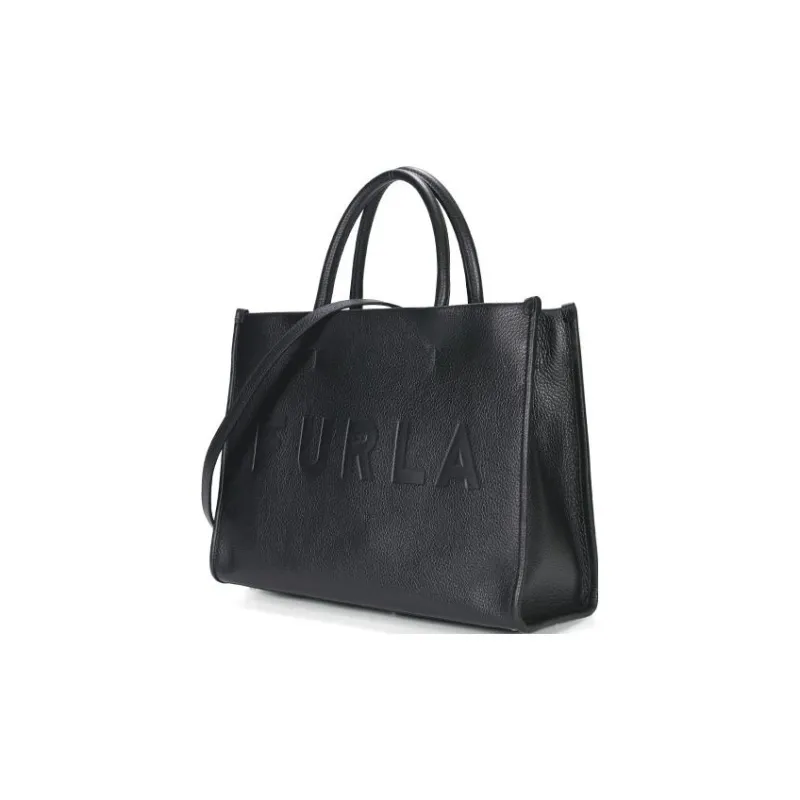 Furla Grained Cow Leather Tote Bag Shopping Bag Shoulder Bag Crossbody Bag Handbag Medium Size Women's Black-1