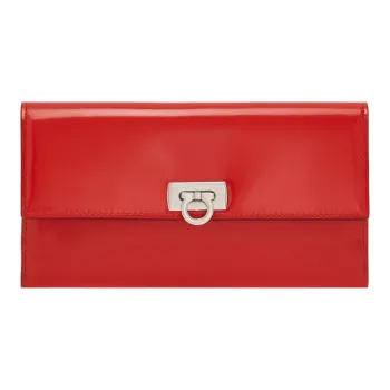 FERRAGAMO GANCINI Shiny Cow Leather Wallet Women's Red