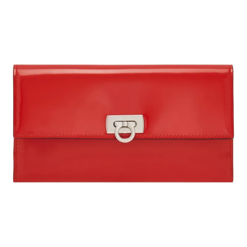 FERRAGAMO GANCINI Shiny Cow Leather Wallet Women's Red-0