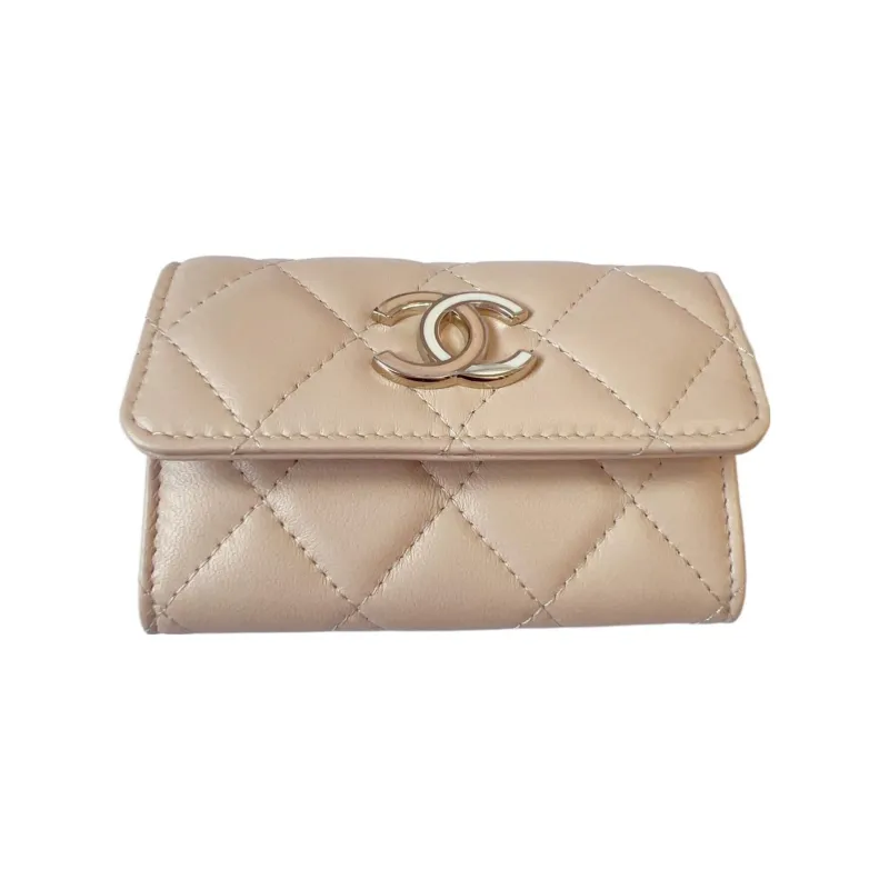 CHANEL Sheepskin Coin Purse Card Holder, Wallet Women's Beige-2