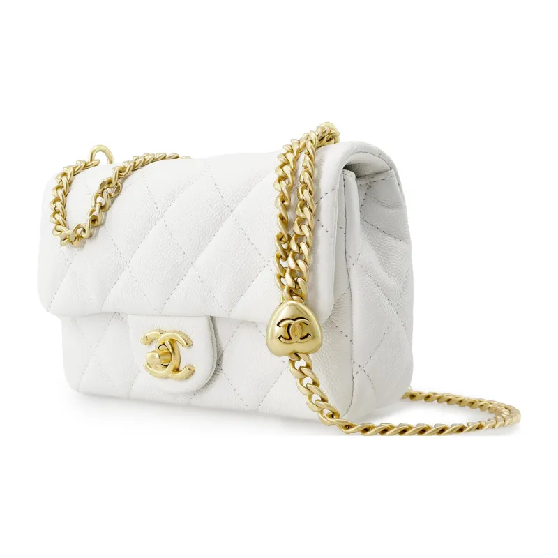 CHANEL Litchi Grain Cow Leather Long Flap Bag, Shoulder Bag, Crossbody Bag Trumpets Women's White-1
