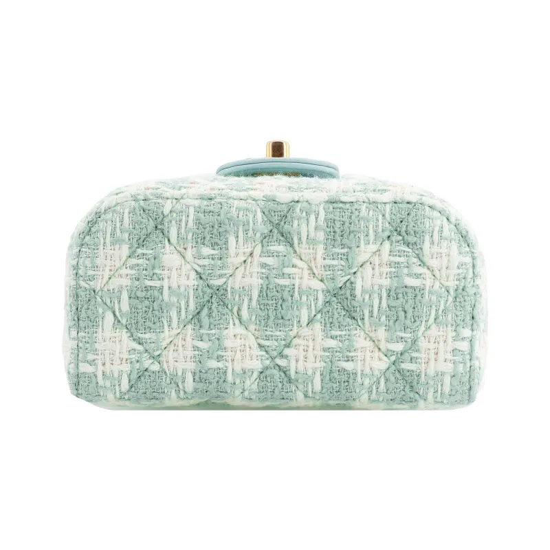 CHANEL Lambskin With Tweed Portable One Shoulder Crossbody Makeup Bag Trumpets Women's Light Blue Green-3