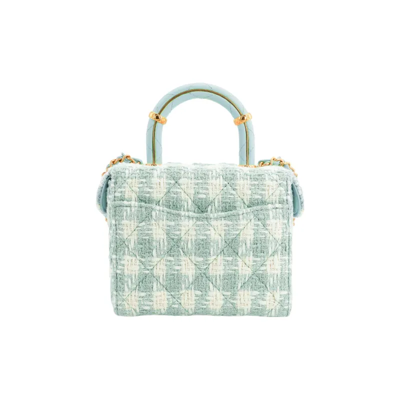 CHANEL Lambskin With Tweed Portable One Shoulder Crossbody Makeup Bag Trumpets Women's Light Blue Green-2