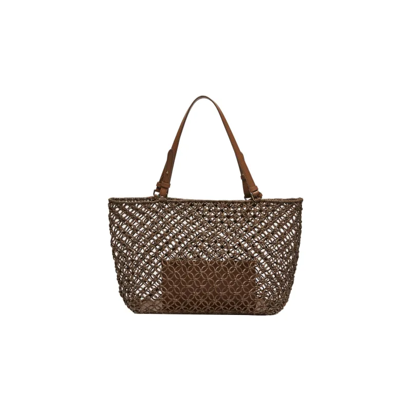 MaxMara Cotton With Leather Tote Bag, Shopping Bag, Shoulder Bag, Handbag Women's Brown-2
