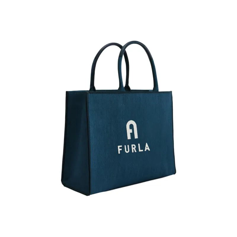 Furla Opportunity Leather With Cotton Laptop Bag Tote Bag Shopping Bag Handbag Large Size Women's Blue-1
