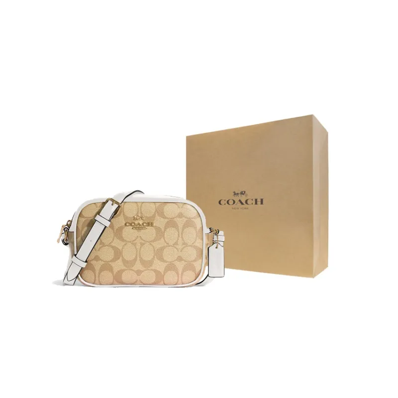 COACH Camera Canvas With Leather Camera Bag Shoulder Bag Crossbody Bag Small Size Women's White & Khaki Monogram-5