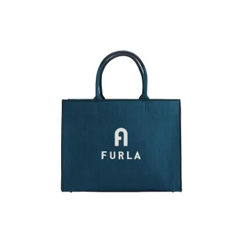 Furla Opportunity Leather With Cotton Laptop Bag Tote Bag Shopping Bag Handbag Large Size Women's Blue