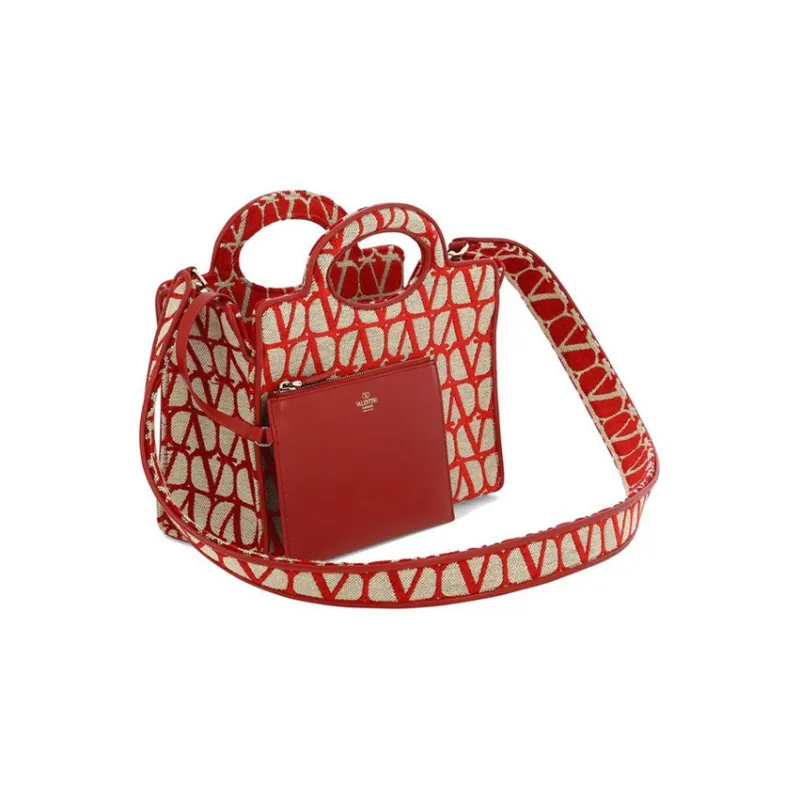 Valentino Vlogo Cotton Tote Handbags Shoulder Bags Women's Beige/Red-1