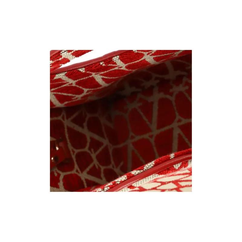 Valentino Vlogo Cotton Tote Handbags Shoulder Bags Women's Beige/Red-3