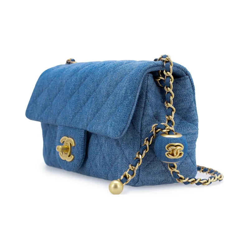 CHANEL Classic Flap CF Small Gold Ball Denim Shoulder Bag, Crossbody Bag Mini Women's Denim Blue-1