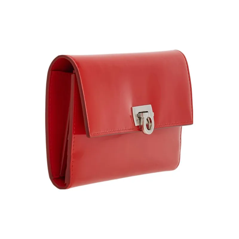 FERRAGAMO GANCINI Shiny Cow Leather Wallet Women's Red-1