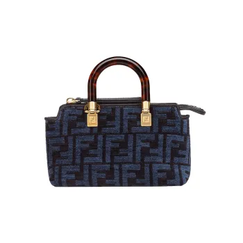 FENDI Cotton With Cow Leather Boston Bag, Handbag, Shoulder Bag, Crossbody Bag Mini Women's Blue
