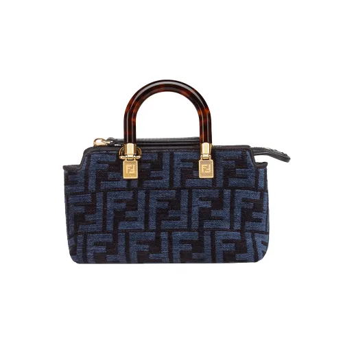 FENDI Cotton With Cow Leather Boston Bag, Handbag, Shoulder Bag, Crossbody Bag Mini Women's Blue