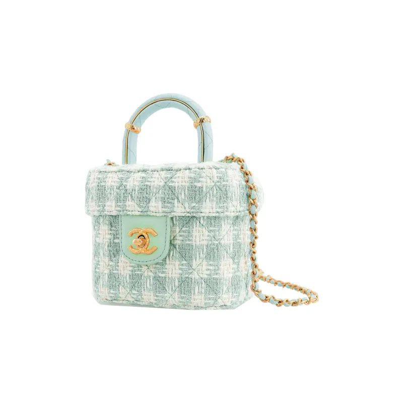 CHANEL Lambskin With Tweed Portable One Shoulder Crossbody Makeup Bag Trumpets Women's Light Blue Green-1