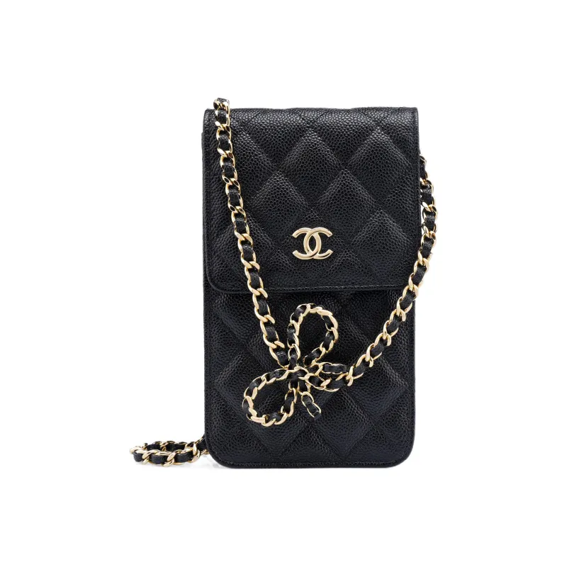 CHANEL Litchi Grain Cow Leather Cell Phone Pouch Trumpets Women's Black-0