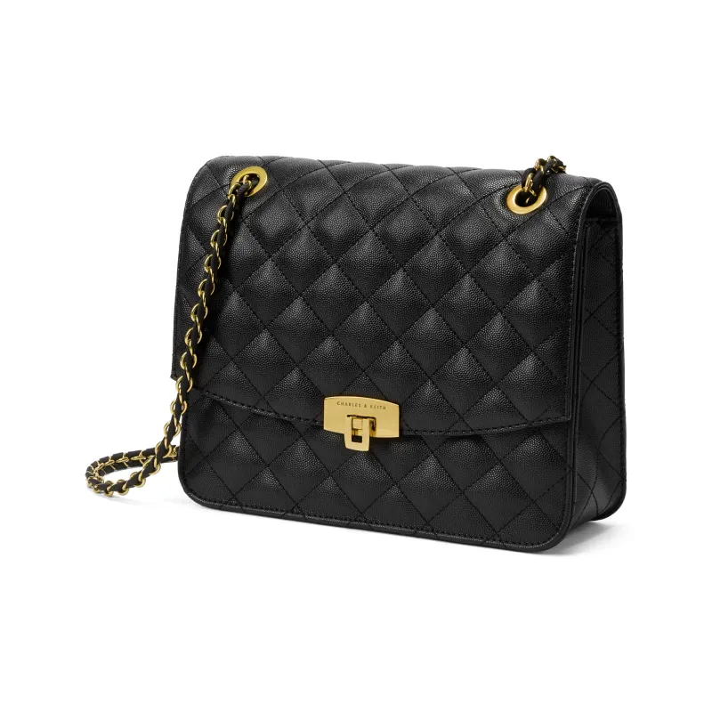 CHARLES&KEITH Polyurethane Fabric Shoulder Bag Medium Size Women's Black/White/Pink-5