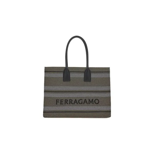 FERRAGAMO Cow Leather Patchwork With Fabric Tote Bag Shopping Bag Shoulder Bag Handbag Large Size Women's Bone/Beige