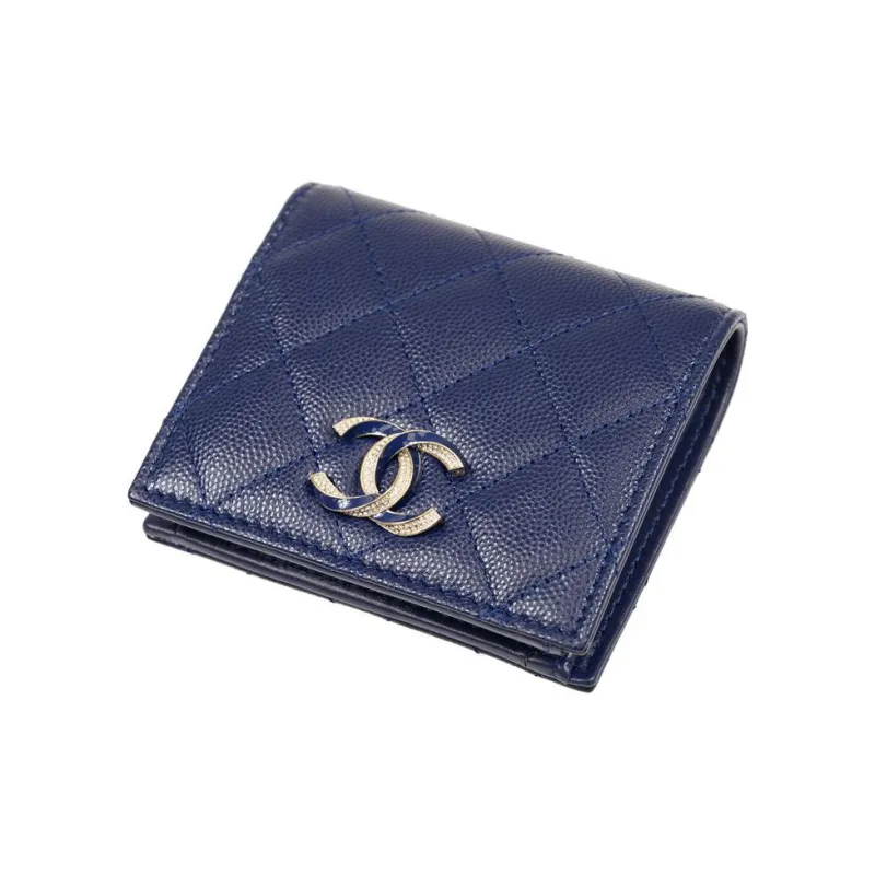 CHANEL Cow Leather Coin Purse Wallet Women's Blue-3