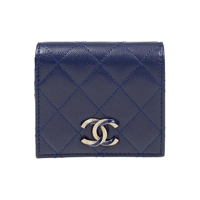 CHANEL Cow Leather Coin Purse Wallet Women's Blue-0