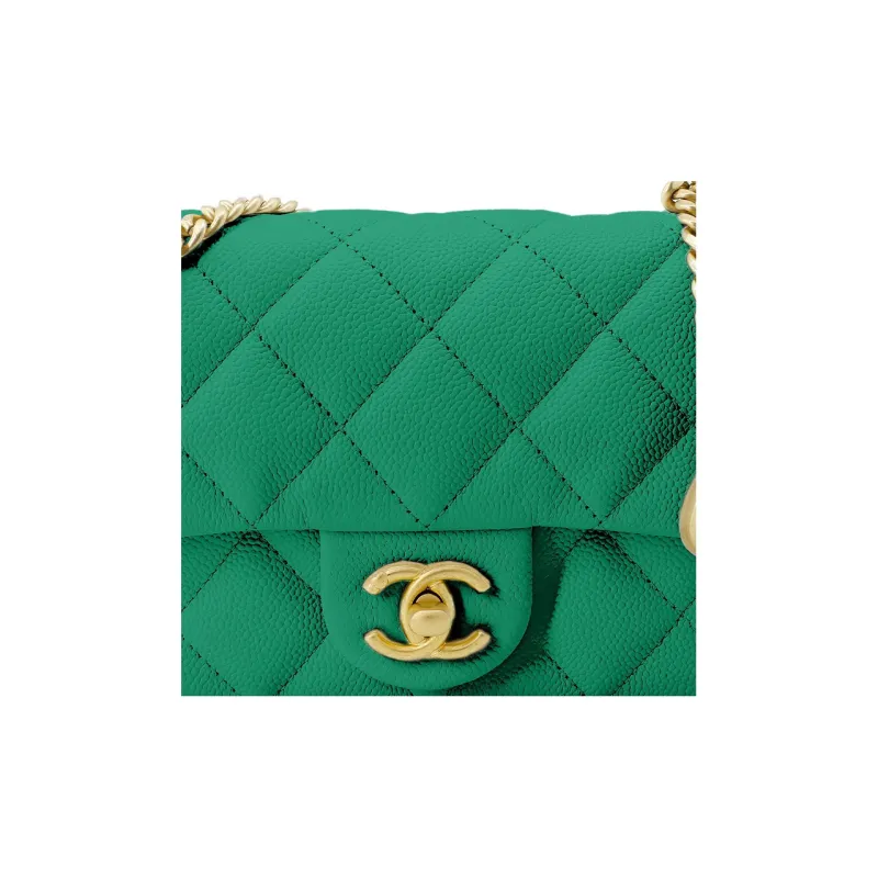 CHANEL 23P SS Grain Embossed Litchi Grain Cow Leather Shoulder Bag, Crossbody Bag Trumpets Women's Green-3