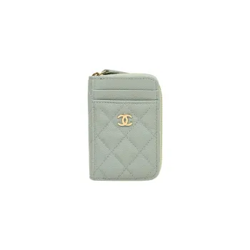 CHANEL Grain Embossed Shiny Litchi Grain Calfskin With Gold Metal Card Holder, Wallet Coin Purse Women's Green