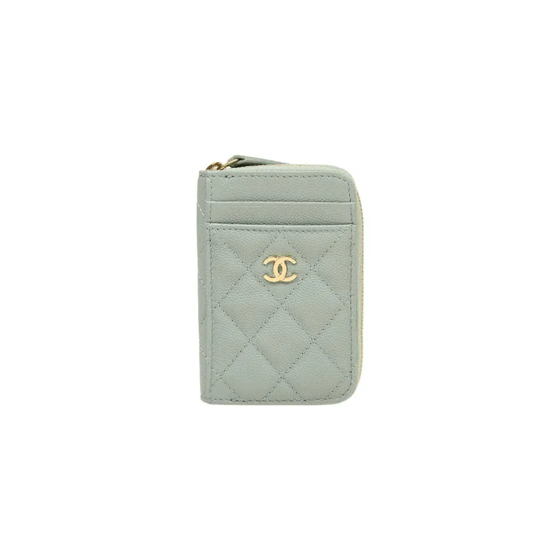CHANEL Grain Embossed Shiny Litchi Grain Calfskin With Gold Metal Card Holder, Wallet Coin Purse Women's Green-0