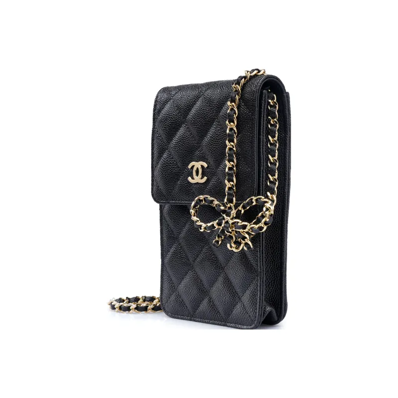 CHANEL Litchi Grain Cow Leather Cell Phone Pouch Trumpets Women's Black-1