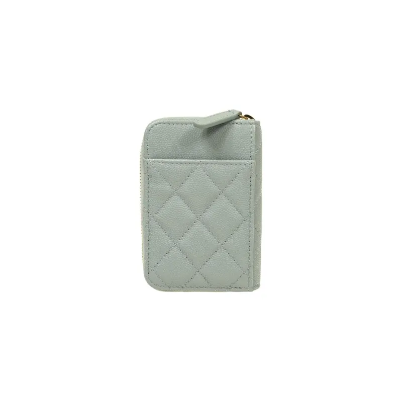 CHANEL Grain Embossed Shiny Litchi Grain Calfskin With Gold Metal Card Holder, Wallet Coin Purse Women's Green-2